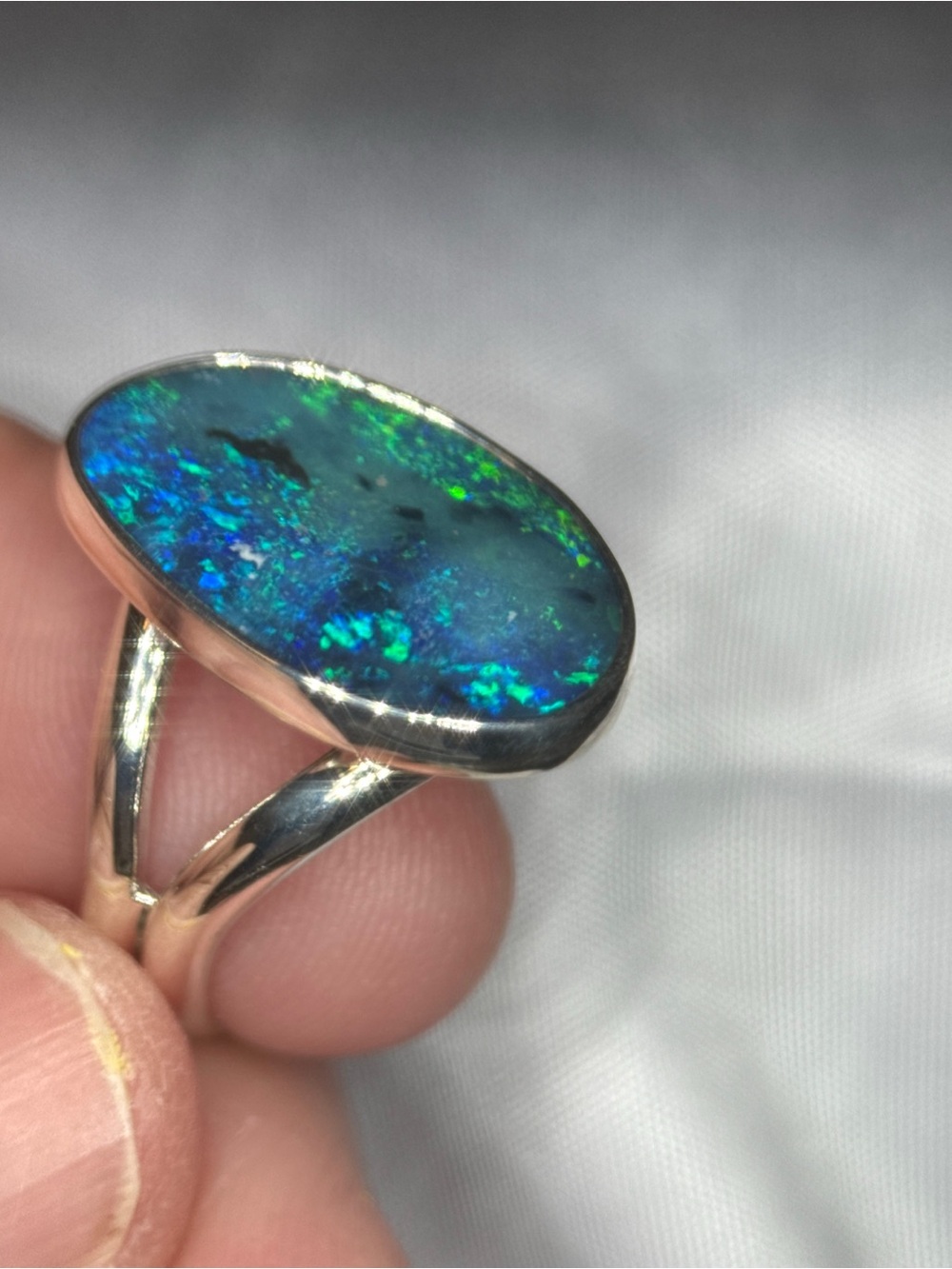 Sterling Silver Blue-Green Opal Oval Ring - Picture 5 of 12